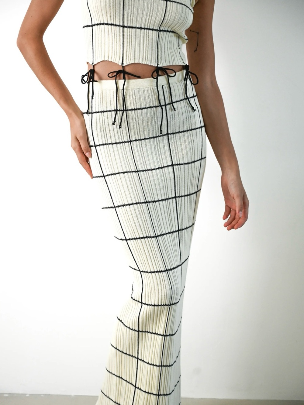 Sleeveless White Maxi Dress with Black Windowpane Grid
